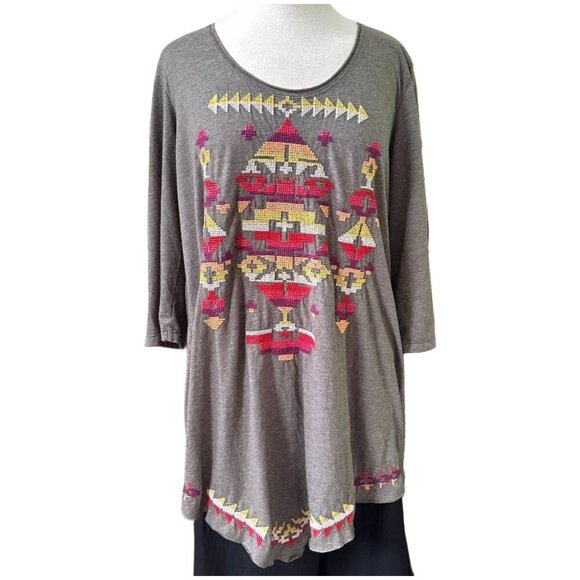Johnny Was Grey Embroidered Aztec Tunic Top, Size XL, Boho Western Oversized - Picture 1 of 6